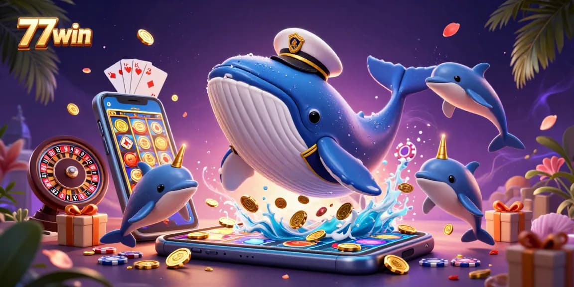 77win features a giant whale, narwhal, and dolphins enjoying casino games and gold coins in a vibrant scene.