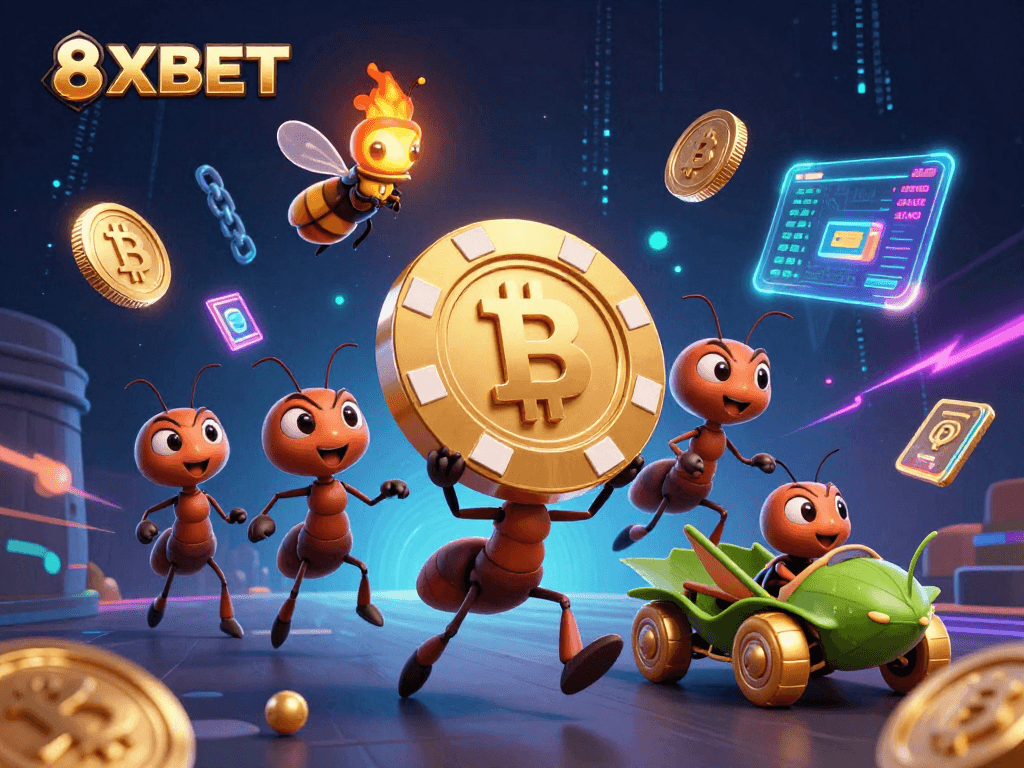 8XBET highlights a team of cartoon ants on a heist journey, showcasing casino excitement and crypto elements.