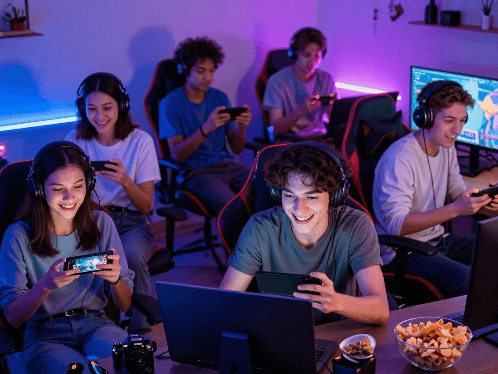 Engage in free mobile porn games with friends in a cozy gaming setup featuring diverse players and vibrant lighting.