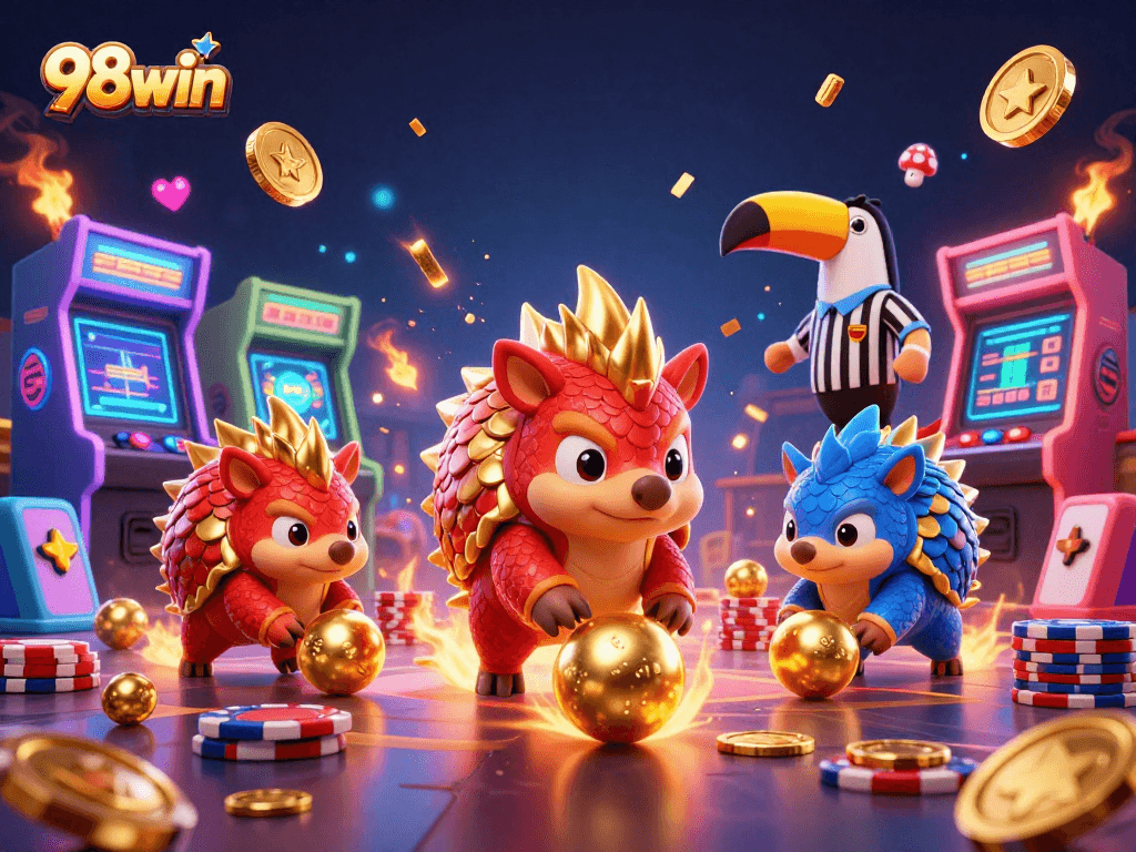 98win pangolins compete in a vibrant casino scene with poker chips and arcade elements.