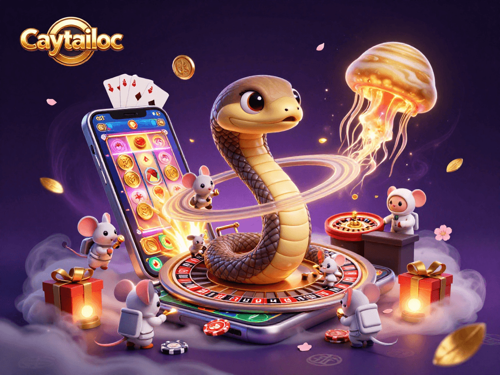 Experience caytailoc wins with colorful slot games and cosmic themes in this vibrant illustration