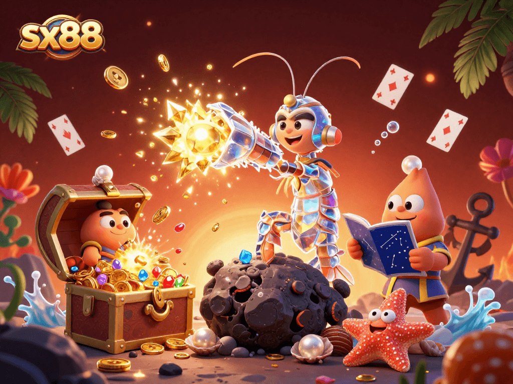 SX88 showcases a vibrant 3D scene with a galactic samurai shrimp amidst a treasure explosion, enhancing online gaming excitement.