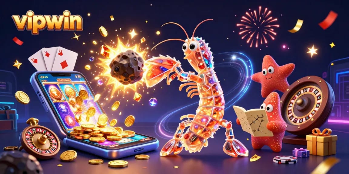 Experience thrilling action with vipwin as a galactic mantis shrimp and starfish navigate a casino adventure.