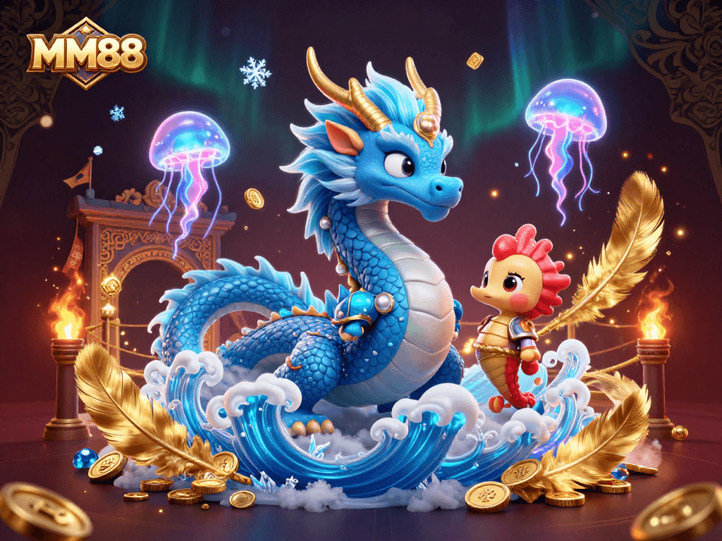 Engage with MM88, featuring a vibrant 3D dragon and knight in a dynamic casino scene.