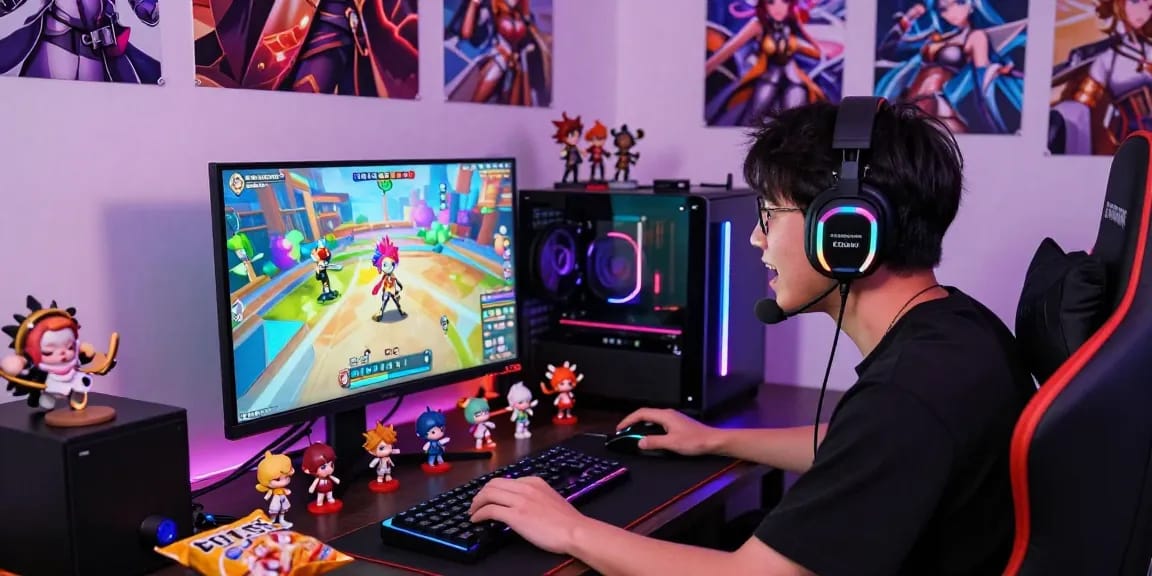 Engaged gamer at a vibrant gacha168 gaming setup, showcasing collectibles and dynamic graphics.
