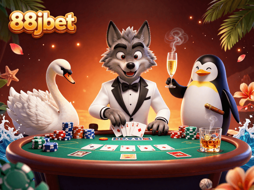 Engage with 88jbet's vibrant casino scene featuring a debonair wolf, elegant swan, and sophisticated penguin.