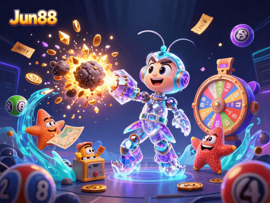 Experience thrilling wins at Jun88 while enjoying vibrant lottery dynamics in a stunning casino illustration.