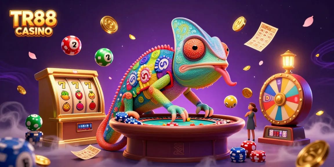 Experience thrilling wins at TR88 CASINO with a vivid 3D illustration showcasing dynamic games and vibrant elements.