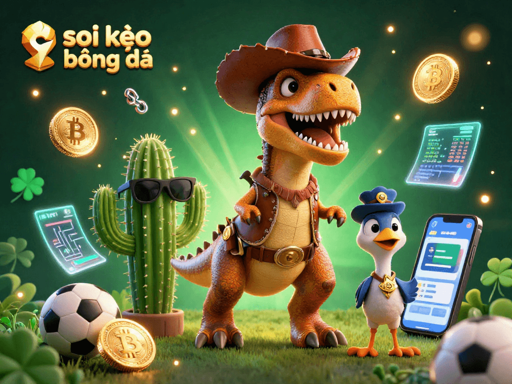 Soi kèo bóng đá betting scene featuring a T-Rex cowboy, cactus sidekick, and roadrunner in a vibrant sports-themed illustration.
