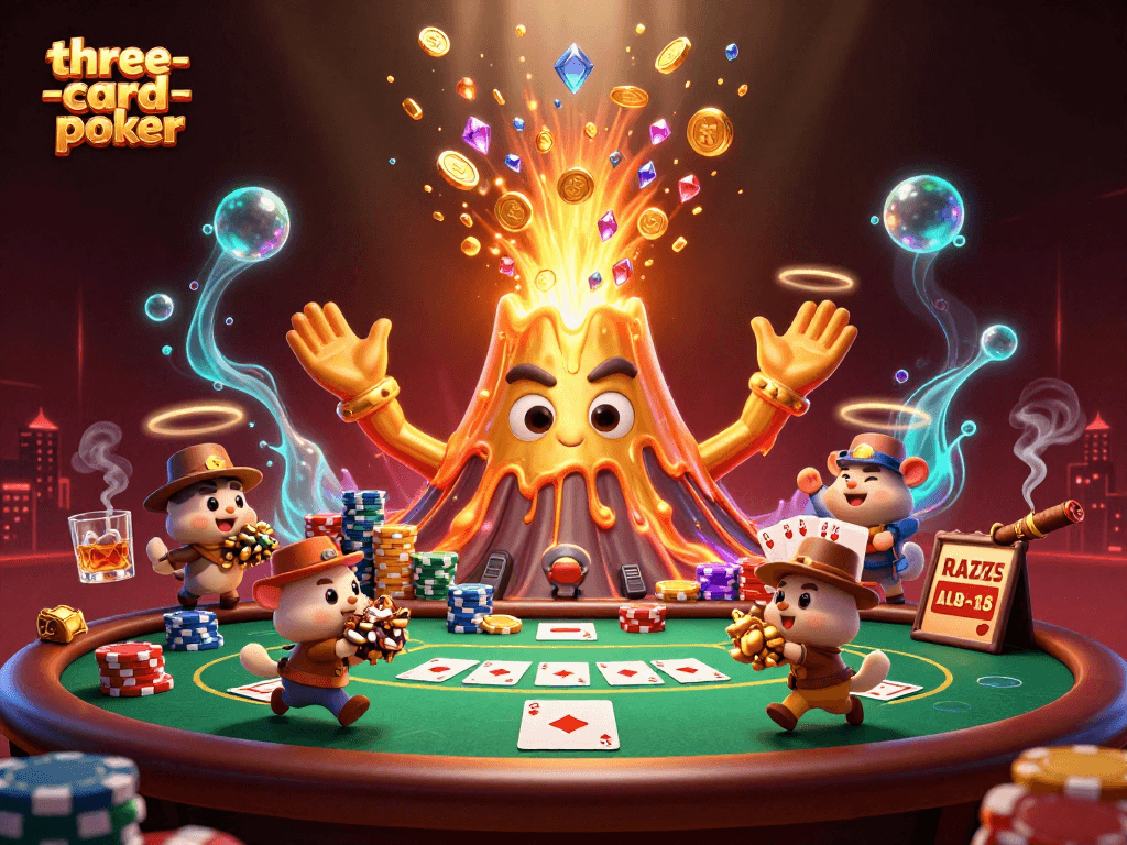 Experience three-card-poker excitement as a golden volcano erupts, showering coins and treasures.