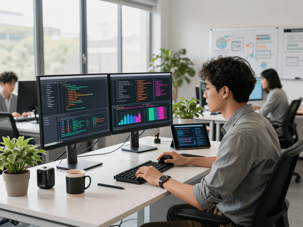 Data scientist coding on dual monitors about spicy ai innovations in sleek office.