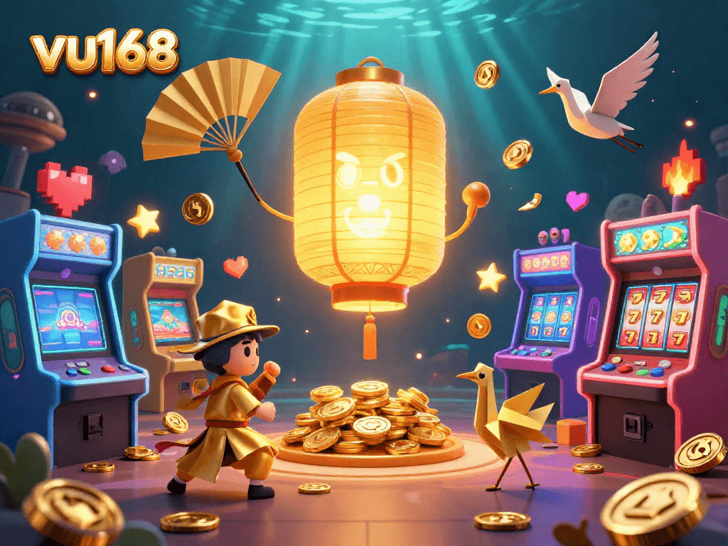 Engage in thrilling casino adventures with vu168's stunning 3D illustration showcasing dynamic golden characters and gaming elements.