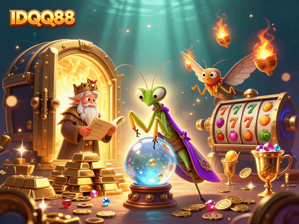 Experience IDQQ88 with 3D fortune teller, rich casino elements, and vibrant gems in a mystical scene.