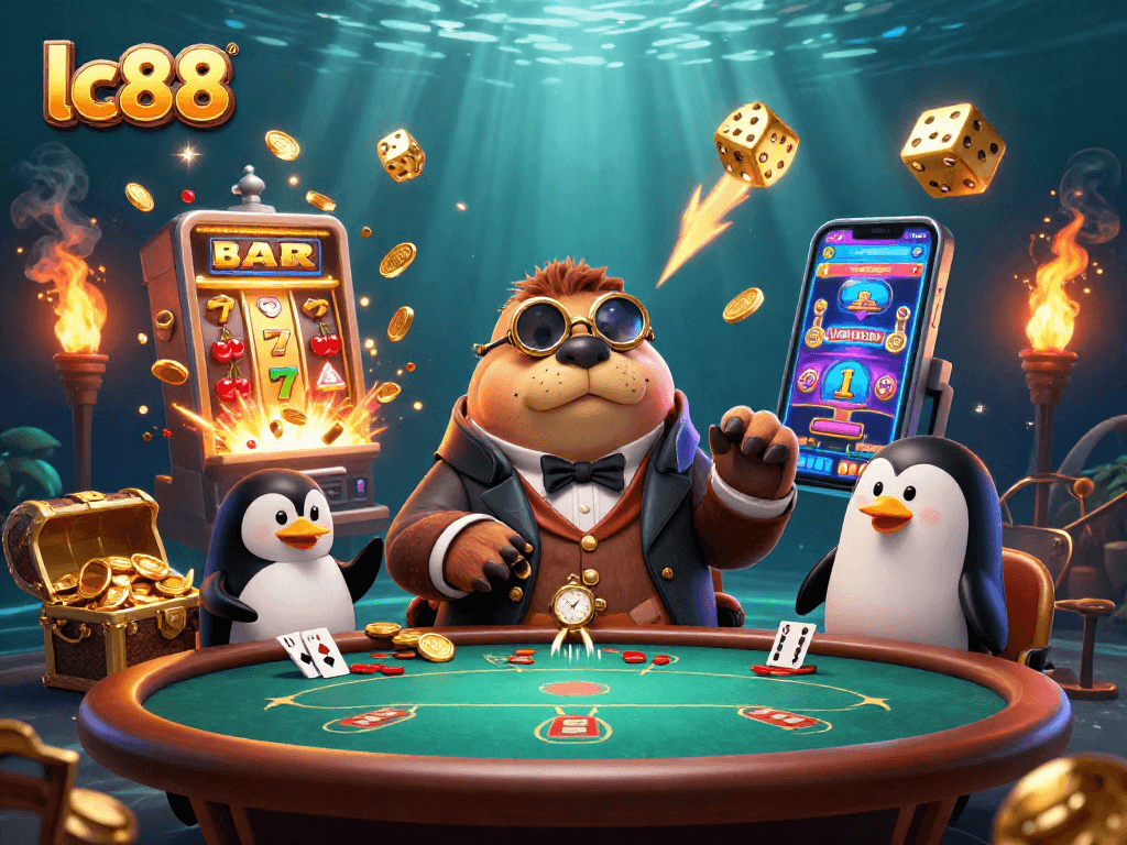Join the lc88 online adventure with a jolly walrus, sophisticated dealer, and a bluffing pufferfish in a vibrant casino scene.