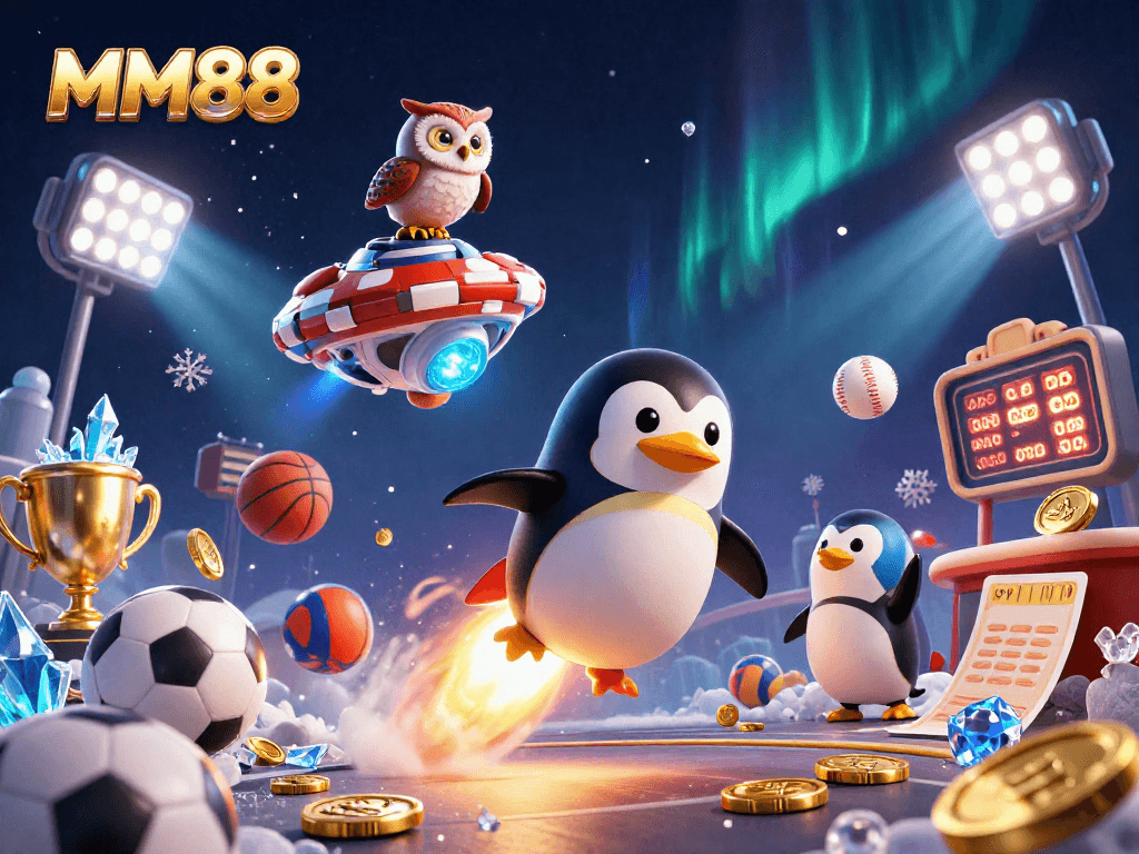 Experience MM88 with a golden penguin and casino elements blasting through space.