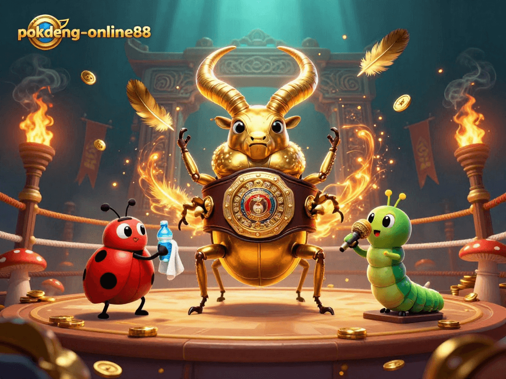 Engage with pokdeng-online88 as the golden stag beetle faces off in a vibrant casino-themed battle.