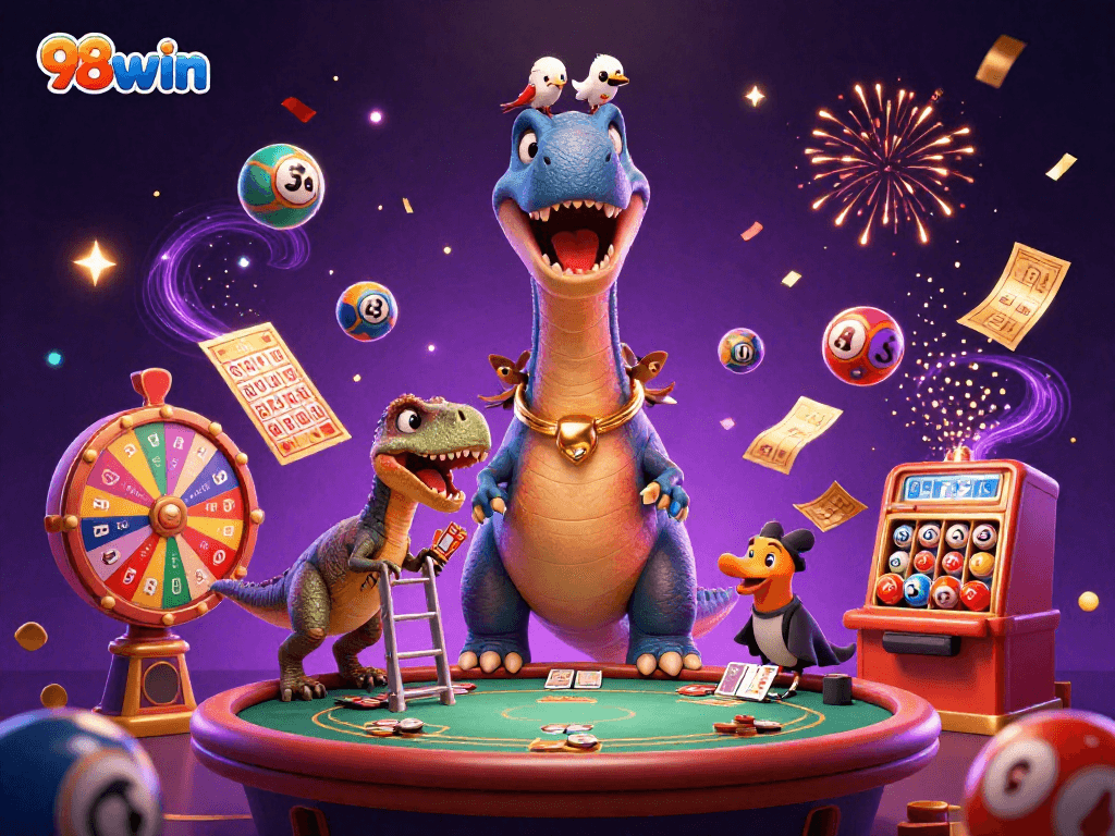 Experience the vibrant energy of 98win casino with a captivating 3D illustration featuring unique characters.
