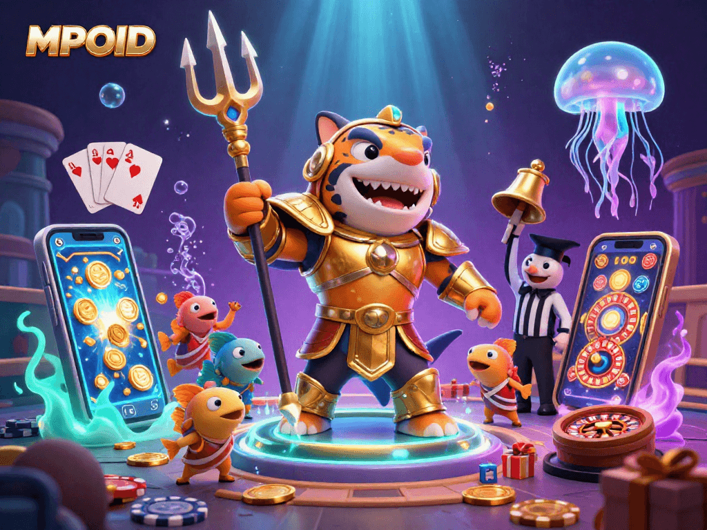 MPOID players engage in thrilling underwater slots, surrounded by an energetic scene with golden gladiators.