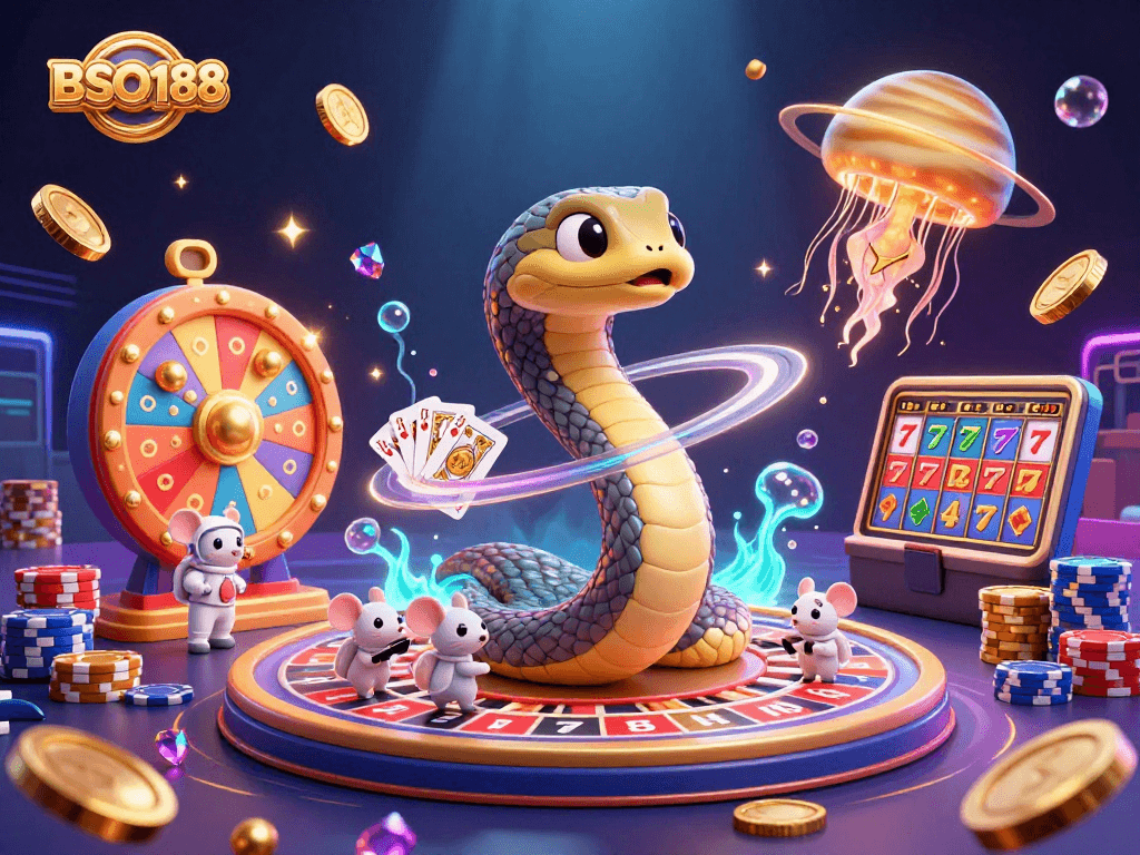 Experience BSO188's vibrant lottery scene with cosmic dealers and playful astronaut mice betting on colorful prizes.