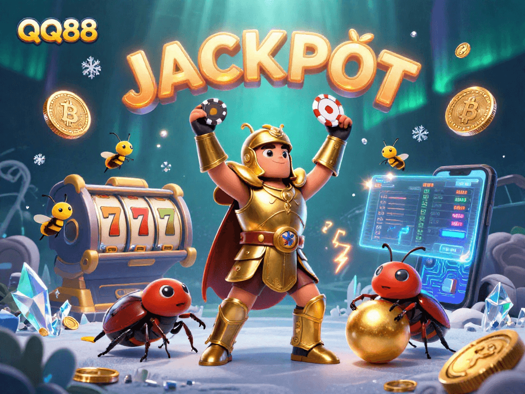 Engage in QQ88 slots with a victorious hercules beetle celebrating a jackpot, enriched by vibrant casino elements.