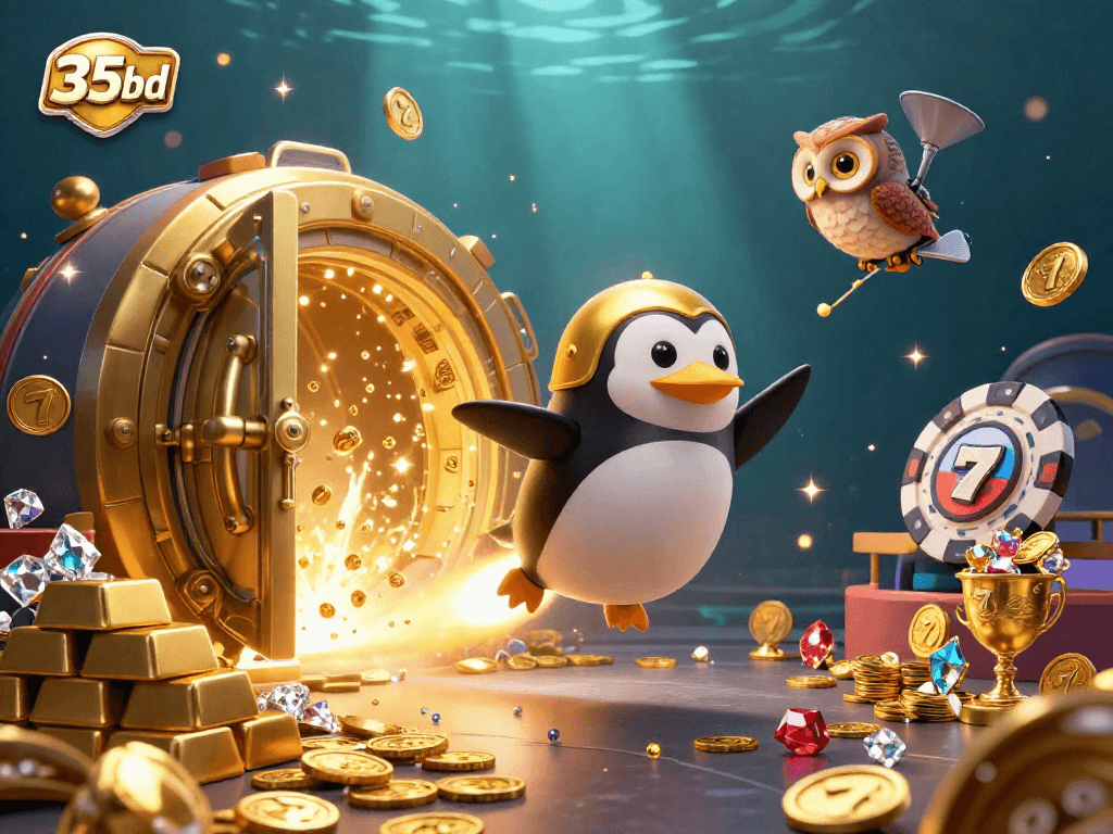 Join the thrilling journey of 35bd as a golden penguin speeds towards a jackpot at the casino!