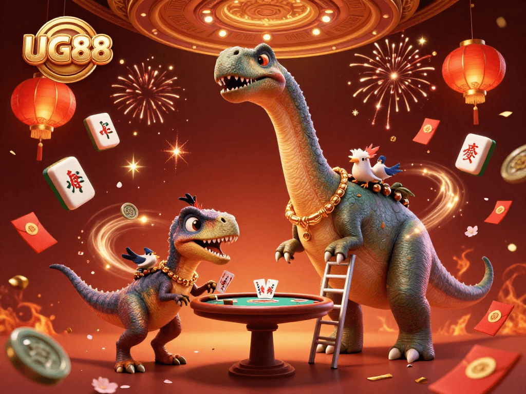 Experience lively gambling dynamics at UG88 with a whimsical brontosaurus, raptor, and vibrant casino elements.