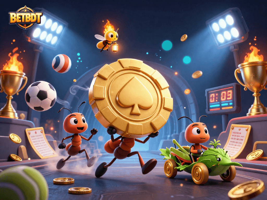 Engage in dynamic sports adventures with BETBDT as cartoon ants steal golden poker chip in a vibrant heist