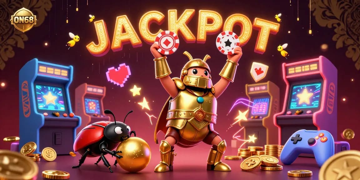 Experience the thrill of ON68 as the heroic beetle celebrates a jackpot victory in a dazzling casino scene.