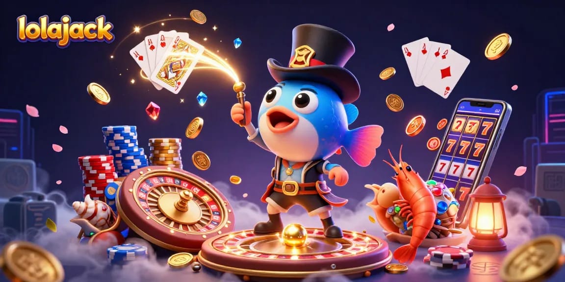 Engage with lolajack, a vibrant 3D scene of casino excitement featuring playful characters and rich treasure.