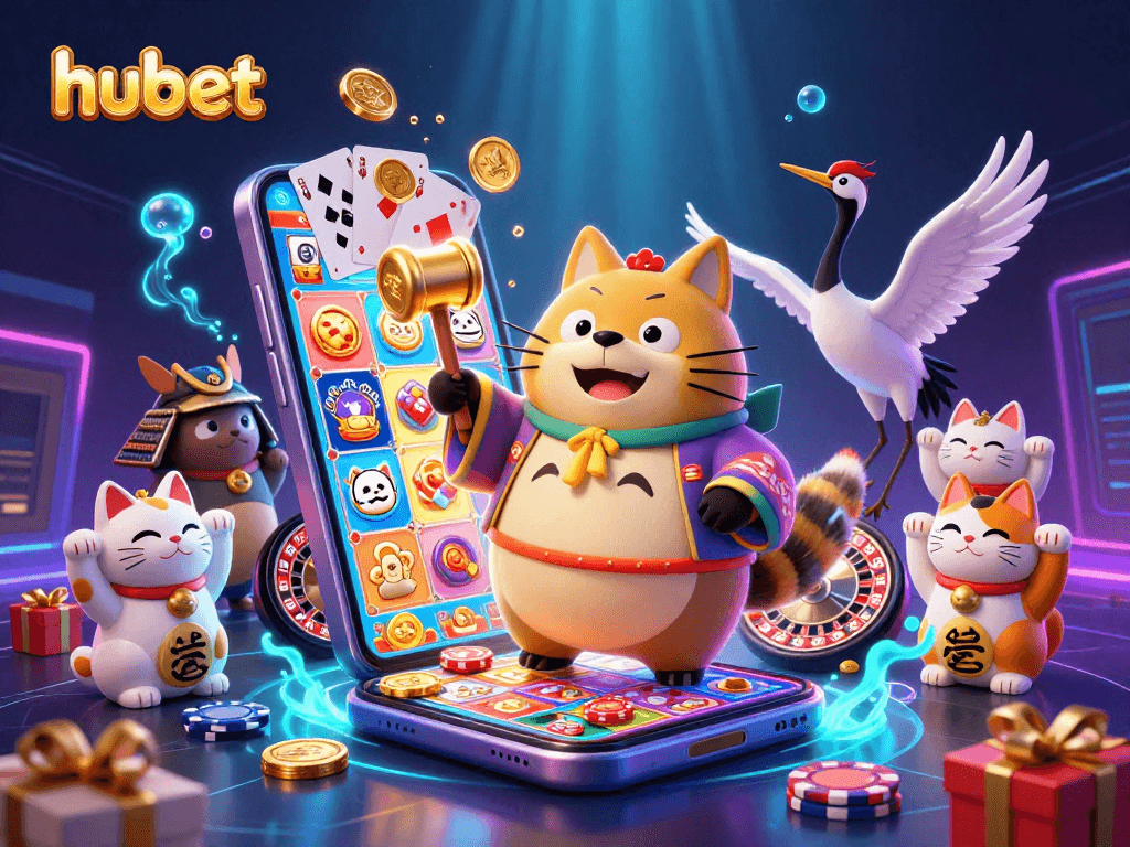 Experience thrilling hubet gaming with joyful tanuki in a vibrant casino scene filled with luck.