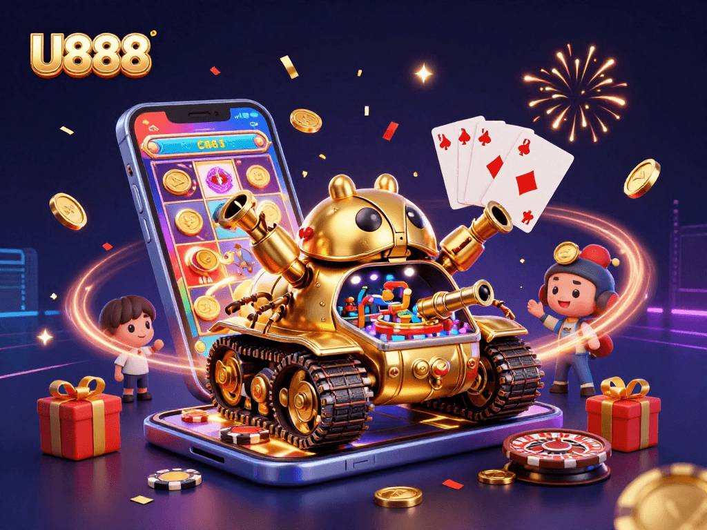 Experience the excitement of U888 with a vibrant casino scene featuring a golden beetle tank and dynamic game elements.