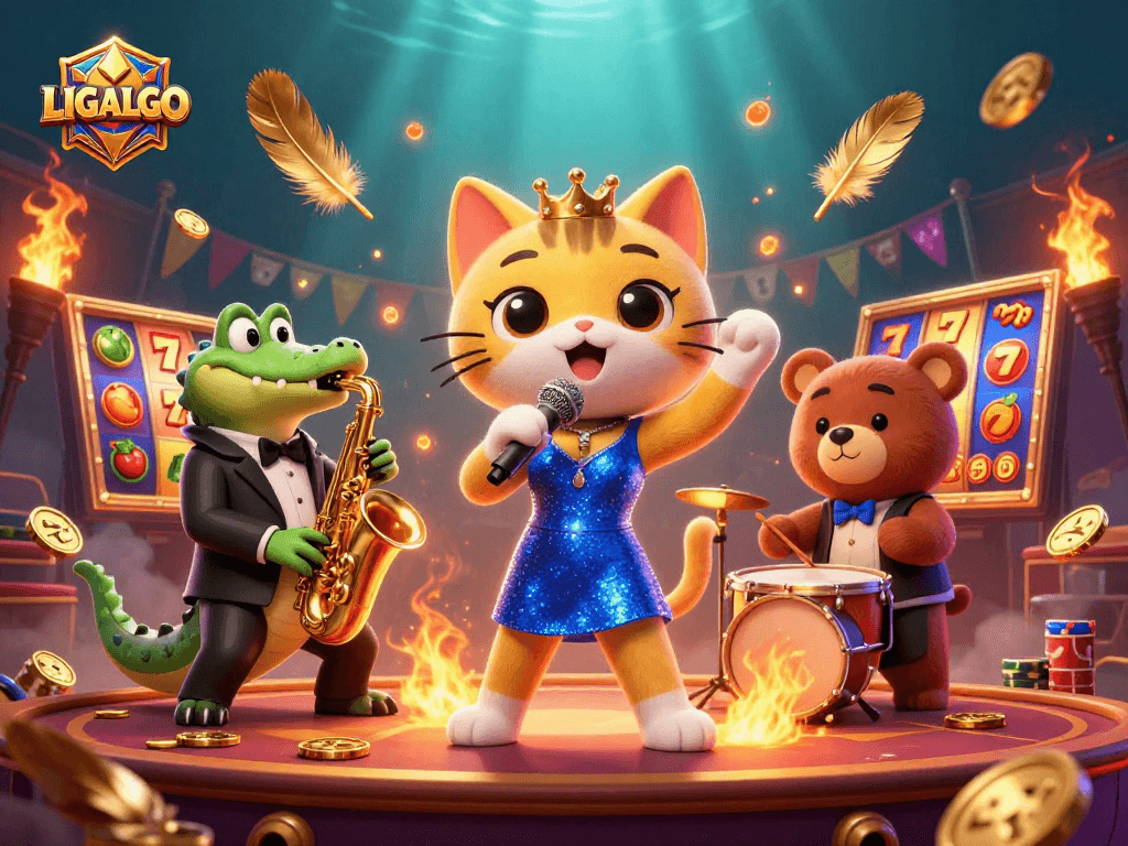 LIGALGO invites players to enjoy an exciting slot experience with vibrant characters amidst swirling gold particles.