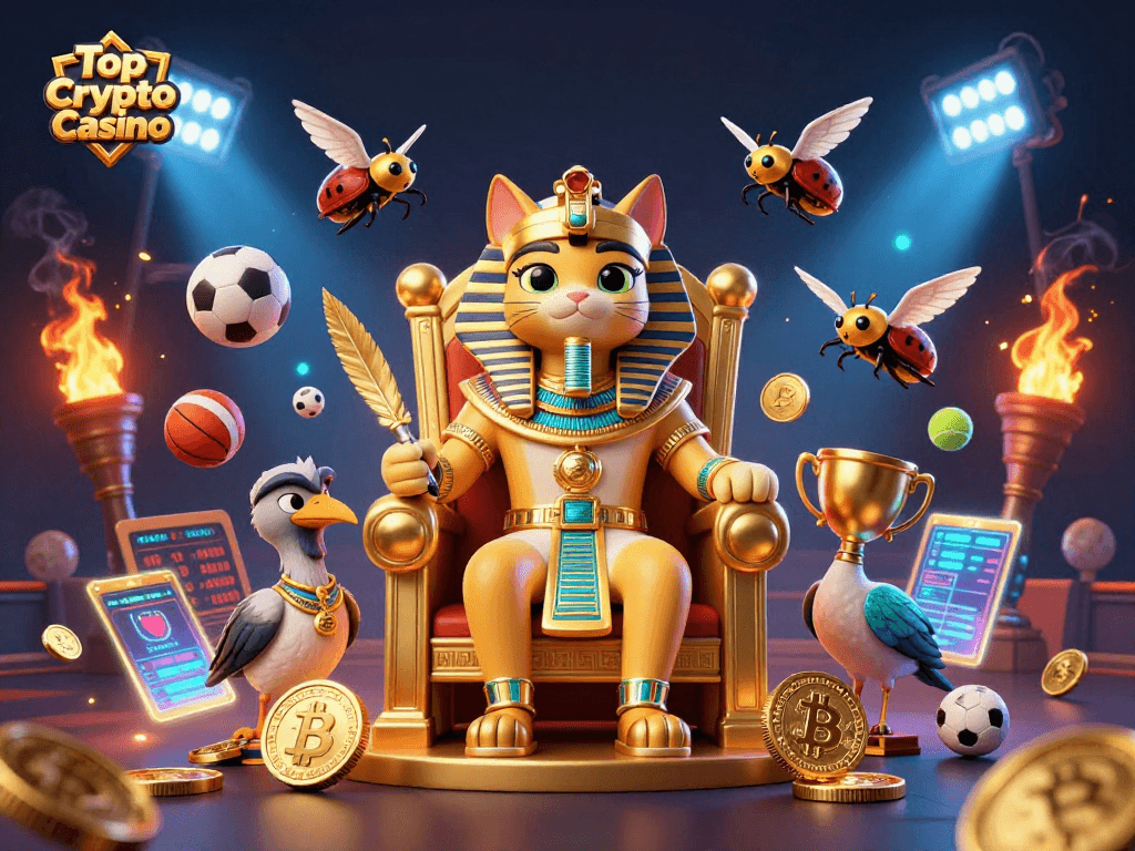 A dynamic scene featuring the Top Crypto Casino theme with a pharaoh cat, blockchain elements, sports balls, and gold coins.