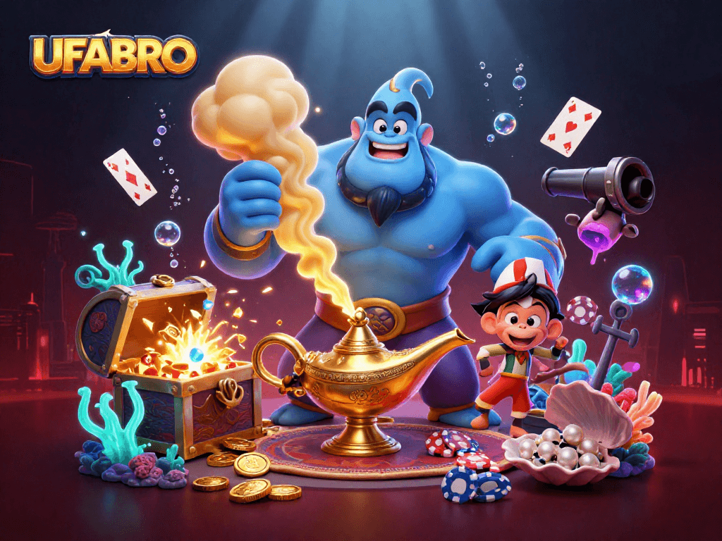 Experience the excitement of UFABRO with a dynamic 3D illustration featuring magical casino elements.