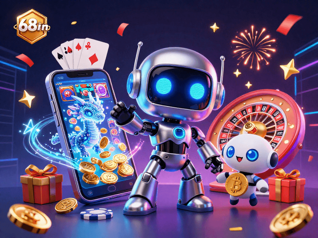 Experience exciting games at 68win with vibrant characters, slots, and rewarding features in this dynamic scene.