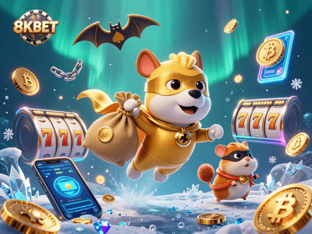 Join the excitement with 8KBET's dynamic illustration of a superhero dog and hamster celebrating big wins!