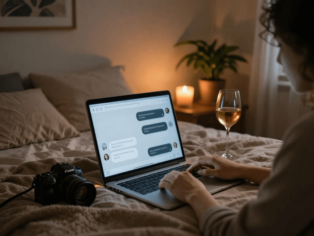 Engaging ai porn chat on a laptop in a cozy bedroom setting, inviting and intimate.