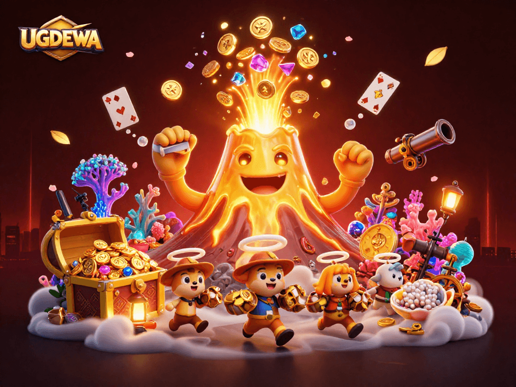 UGDEWA stands triumphant as a golden volcano erupts treasure in a lively casino scene.