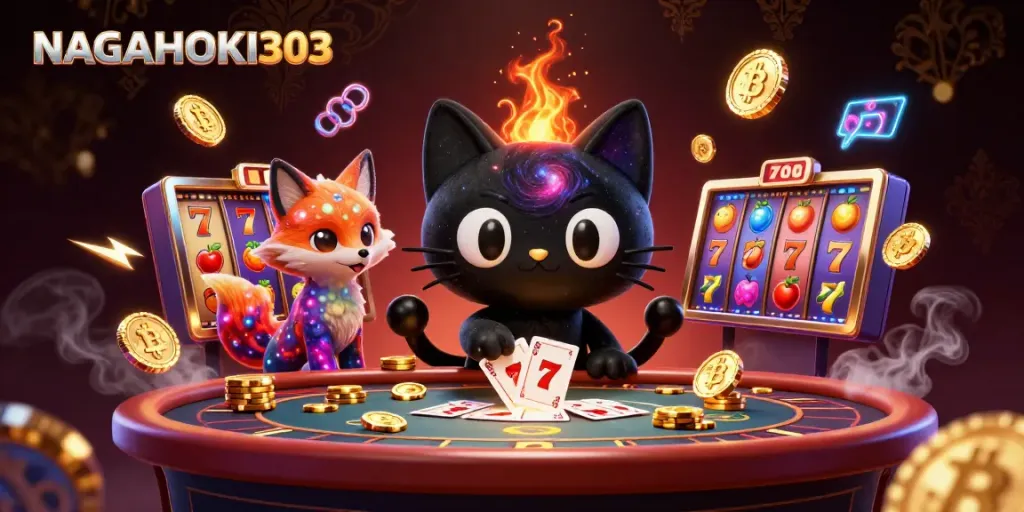 NAGAHOKI303 adalah ilustrasi kasino yang ramai dengan kucing lubang hitam 3D dan rubah nebula.