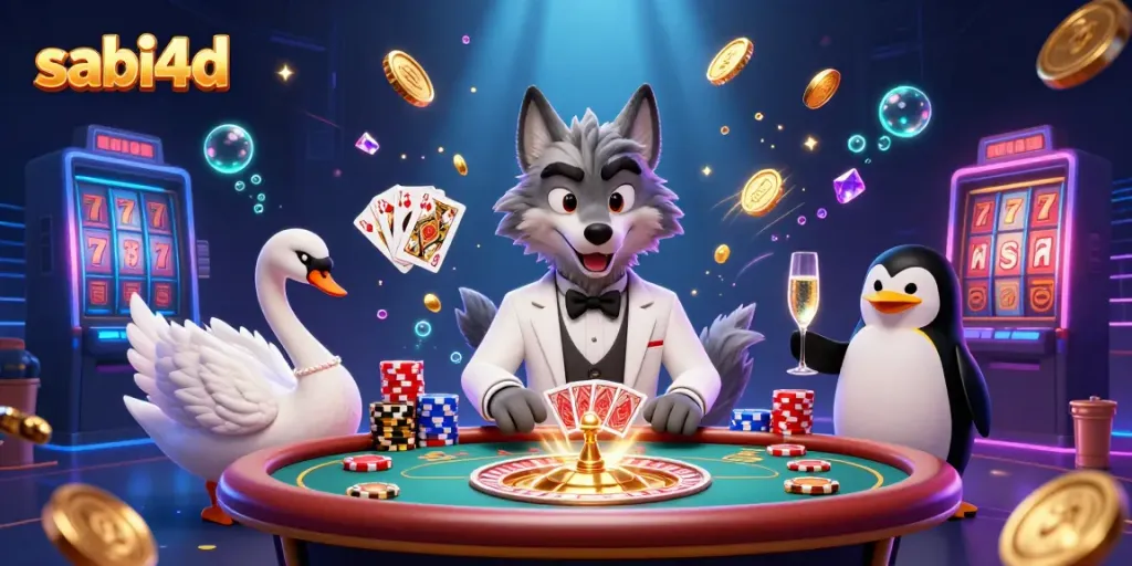 Gambaran ikonik sabi4d dengan karakter kasino yang menarik di latar belakang megah.