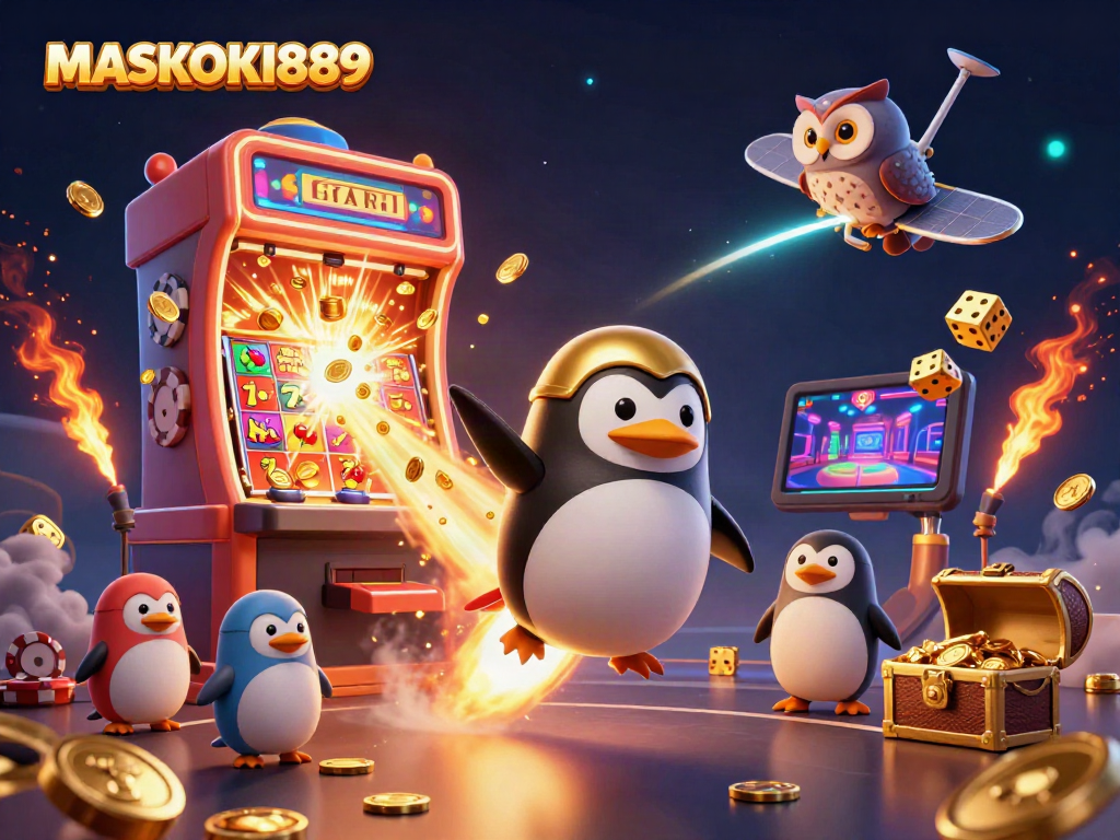 Experience the excitement of MASKOKI889 with a penguin astronaut exploring a dazzling casino universe.
