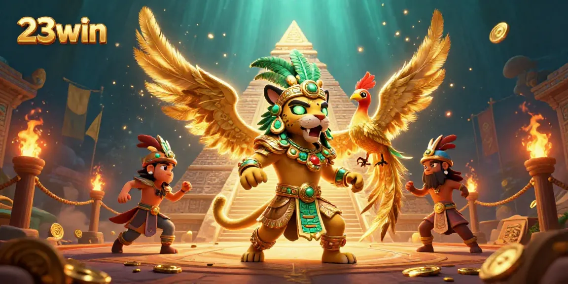 Experience the thrill of 23win with vibrant Mayan-themed casino elements and dynamic golden particles.