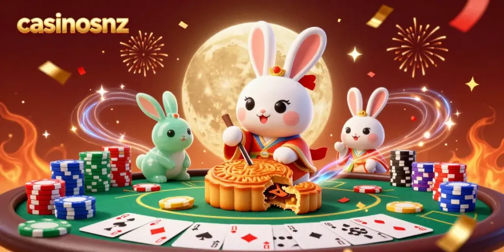 Experience the thrill at casinosnz with a vibrant lunar-themed poker celebration featuring rabbits and casino elements.