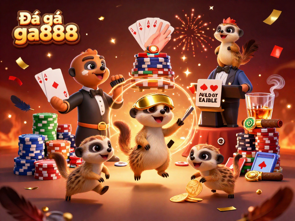 Engage with Đá gà ga888 cockfighting excitement through this animated meerkat casino scene.