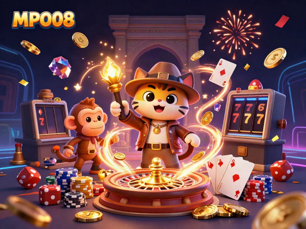 Experience excitement with MPO08 as a cartoon explorer cat finds golden artifacts surrounded by casino elements.