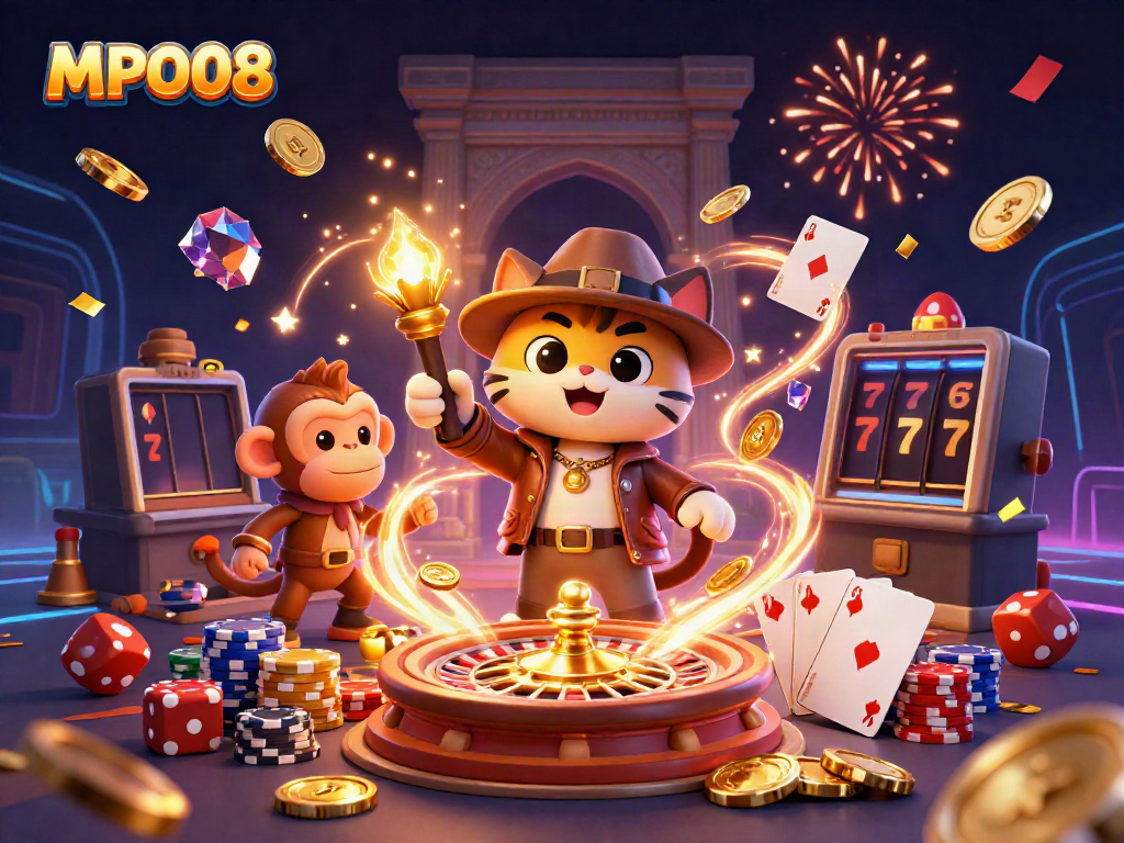 Experience excitement with MPO08 as a cartoon explorer cat finds golden artifacts surrounded by casino elements.