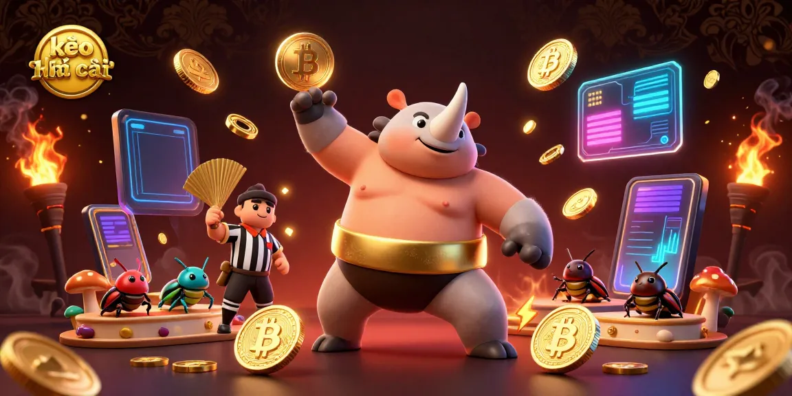 "Experience thrilling kèo nhà cái action with the mighty sumo beetle champion amidst a vibrant, crypto-themed atmosphere."