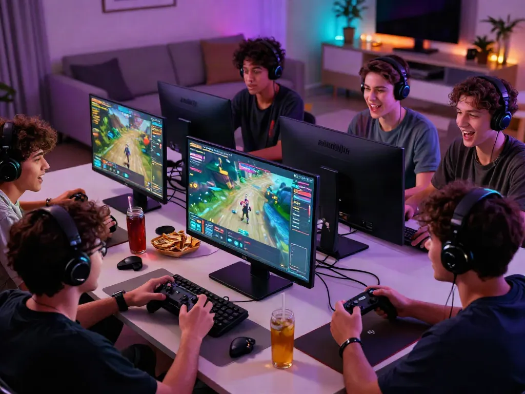 Akunjp gaming scene with friends engaged in gameplay, showcasing excitement and teamwork.