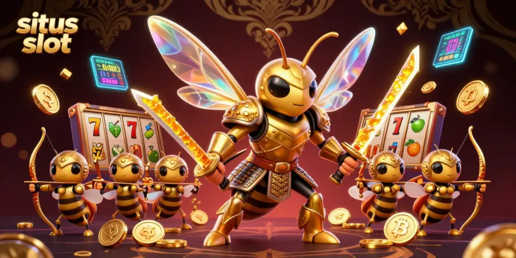 Menangkan di situs slot dengan gulungan slot dan jackpot menyala, dikelilingi oleh karakter 3D yang penuh warna.