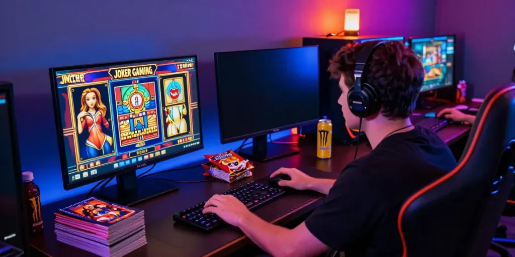 ผู้เล่นกำลังสนุกกับการเล่นสล็อต jokergaming ในสภาพแวดล้อมเกมที่มีสีสัน